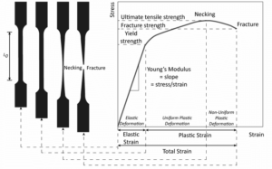 Stress-Strain curves and Necking phenomena in dog-bone shaped specimen (Reprinted from: ADMET, 2019)